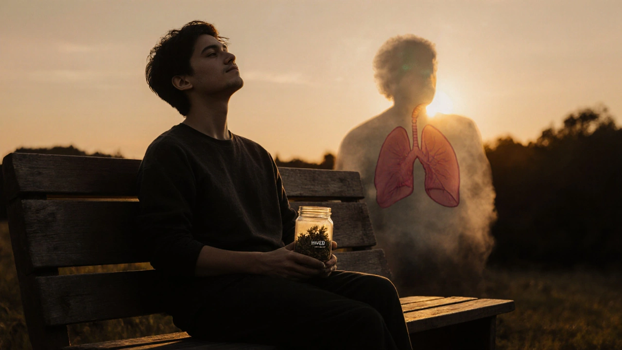 Eine Person in ruhiger Entspannung mit H4CBD-Hanfblüten, während ein schattenhafter Raucher im Hintergrund verschwindet.