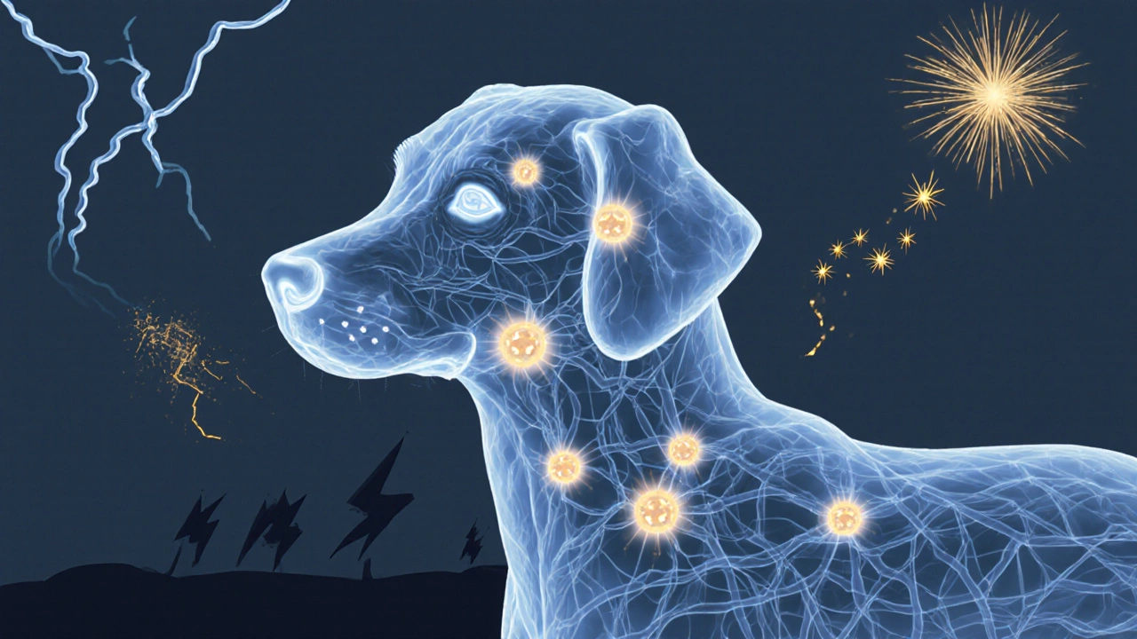 Eine stilisierte Darstellung des Hundehirns mit CBD-Molekülen, die beruhigend auf Nervenrezeptoren wirken.