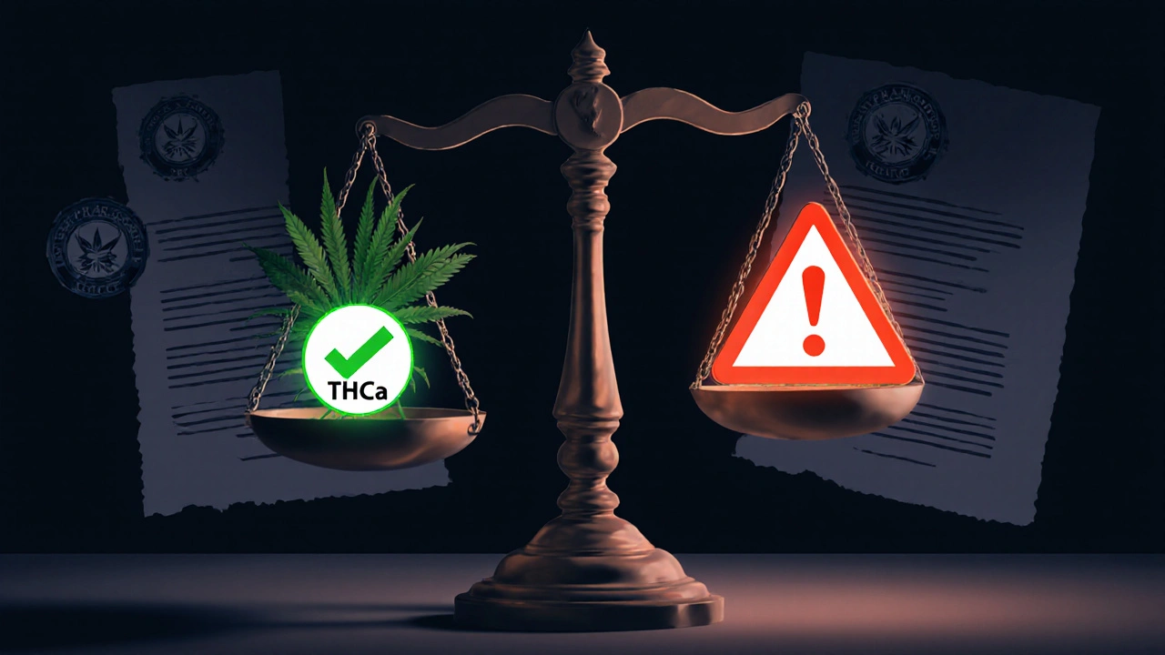 Eine Waage, die THCa gegen THC abwägt, mit rechtlichem Symbolismus und düsterem Hintergrund.