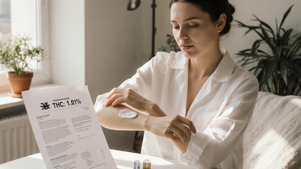 Frau wendet Delta-9-THC-Creme auf die Haut an, neben ihr ein negativer Drogentest