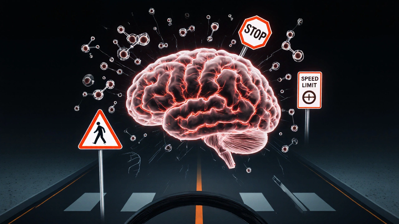 Gehirn mit verschwommenen Verkehrsschildern, HHC-Moleküle beeinträchtigen Wahrnehmung