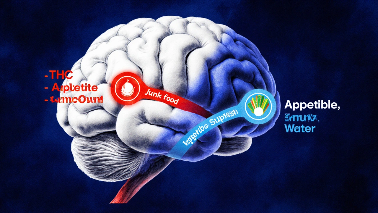 Gehirn mit zwei entgegengesetzten Wegen: Appetit steigern vs. unterdrücken, illustriert in Wasserfarbtechnik.