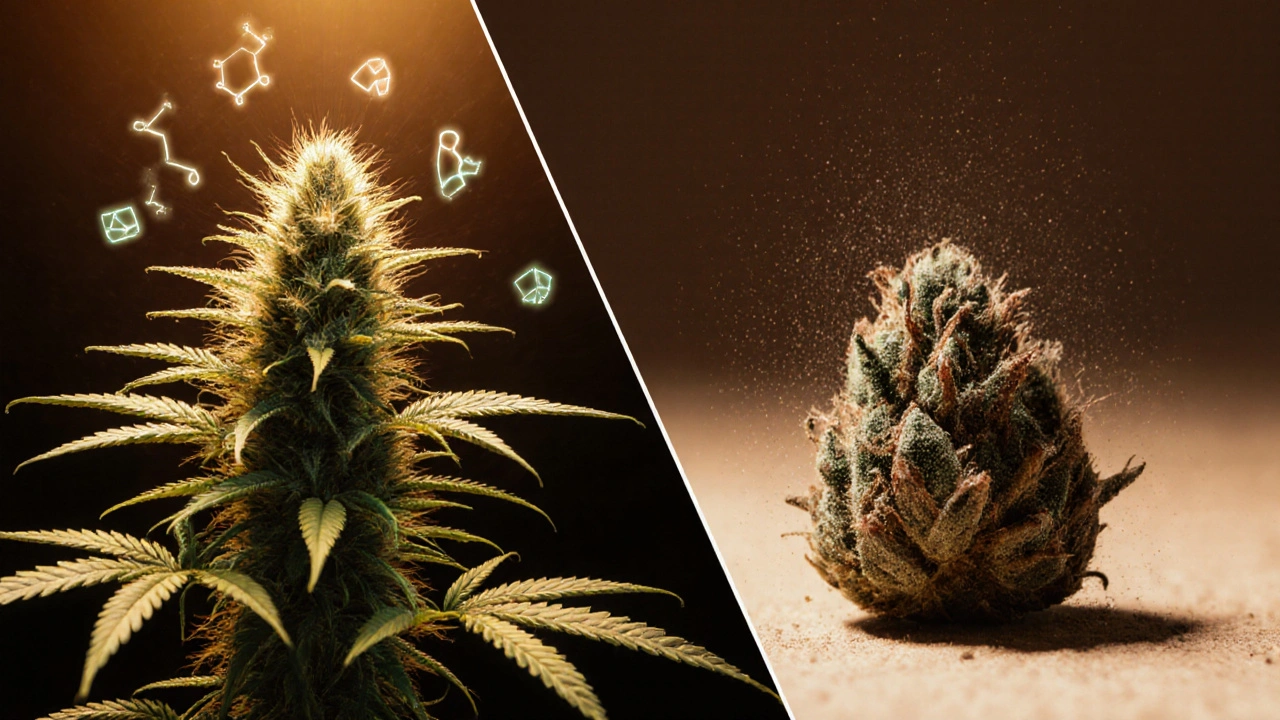 Gespaltenes Bild: frische Cannabispflanze mit energiegeladenen THC-Molekülen vs. alternde Blüte mit CBN-Partikeln.