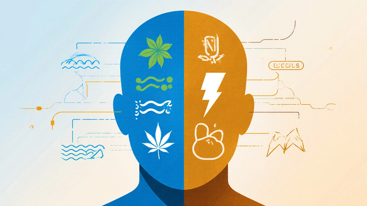 Gespaltenes Menschensilhouett mit CBD und THCV-Symbolen in unterschiedlichen Farben und Energien.