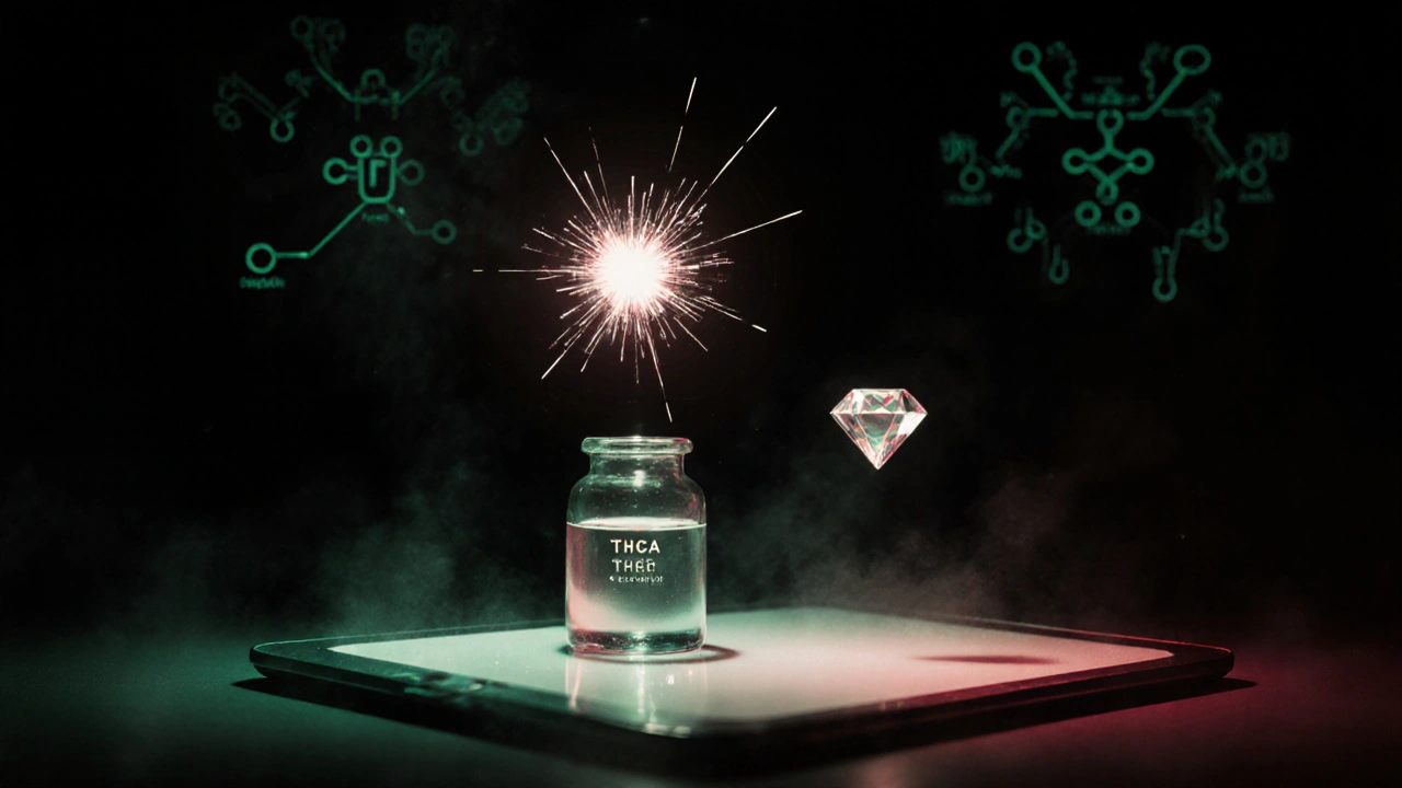 Glasfläschchen mit THCA neben einer explosiven THCP-Kristallstruktur.