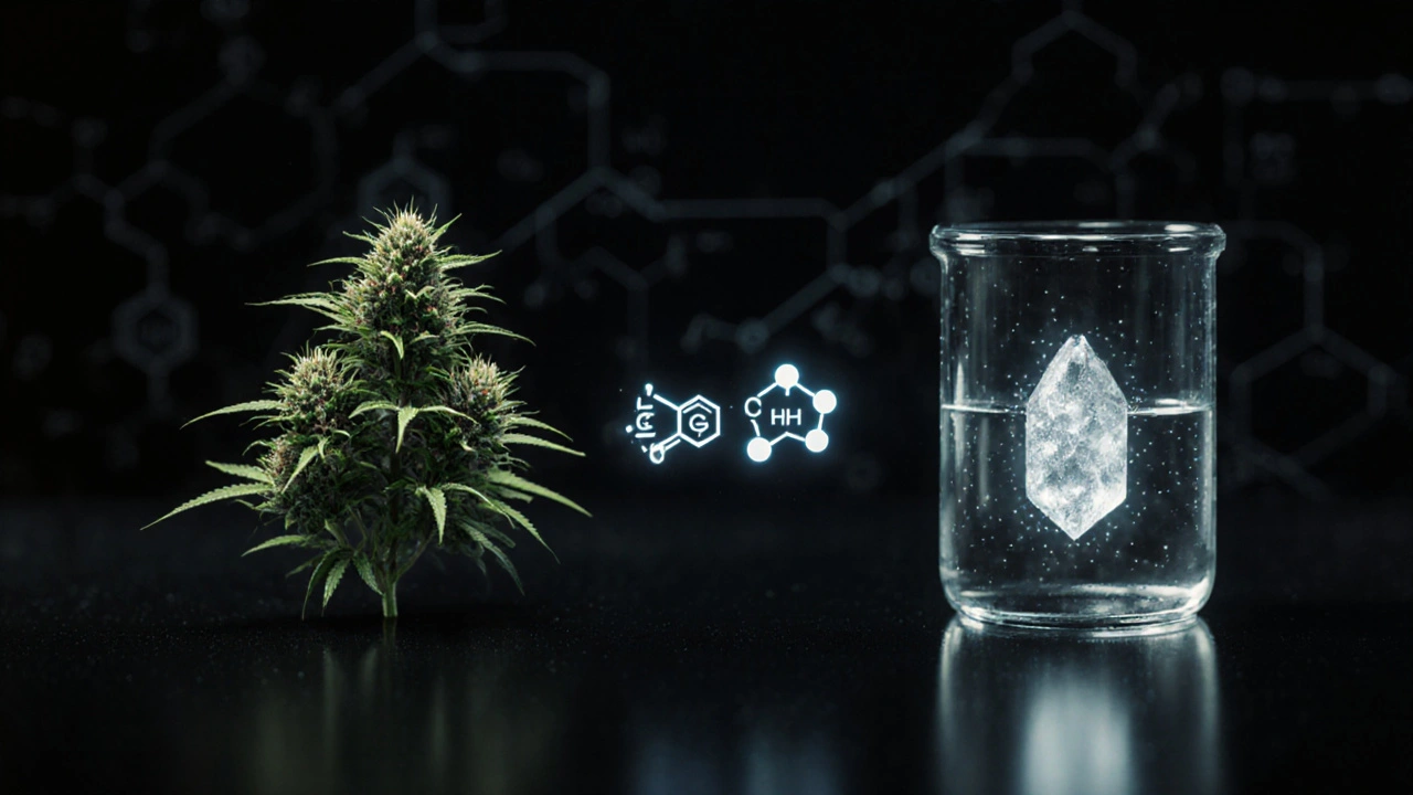 Hampfpflanze verwandelt sich durch chemische Reaktion in HHC-Moleküle, wissenschaftlich dargestellt.