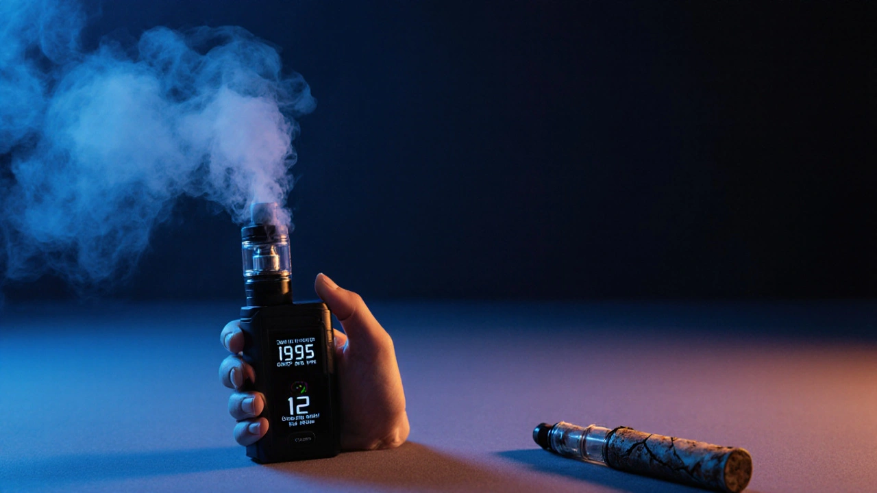 Hand hält einstellbaren Vape-Pen mit 12 Watt, daneben alter Nikotin-Vape-Pen, verbotene Nutzung.