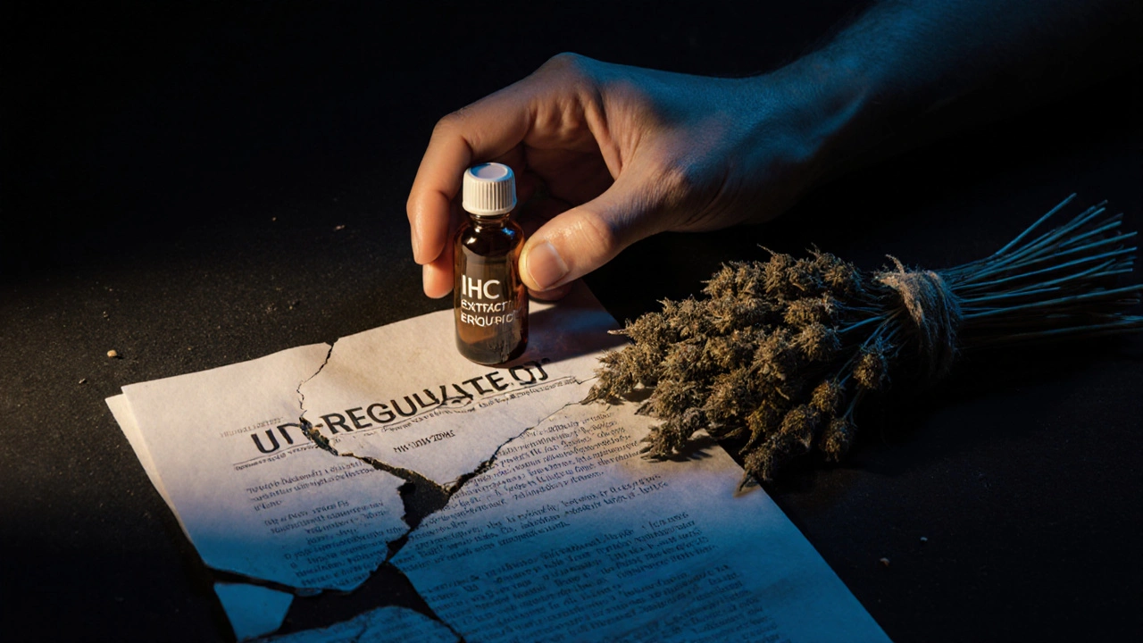 Hand hält HHC-Extrakt neben Hanfblüten, Hintergrund mit rechtlichem Unsicherheits-Atmosphäre.