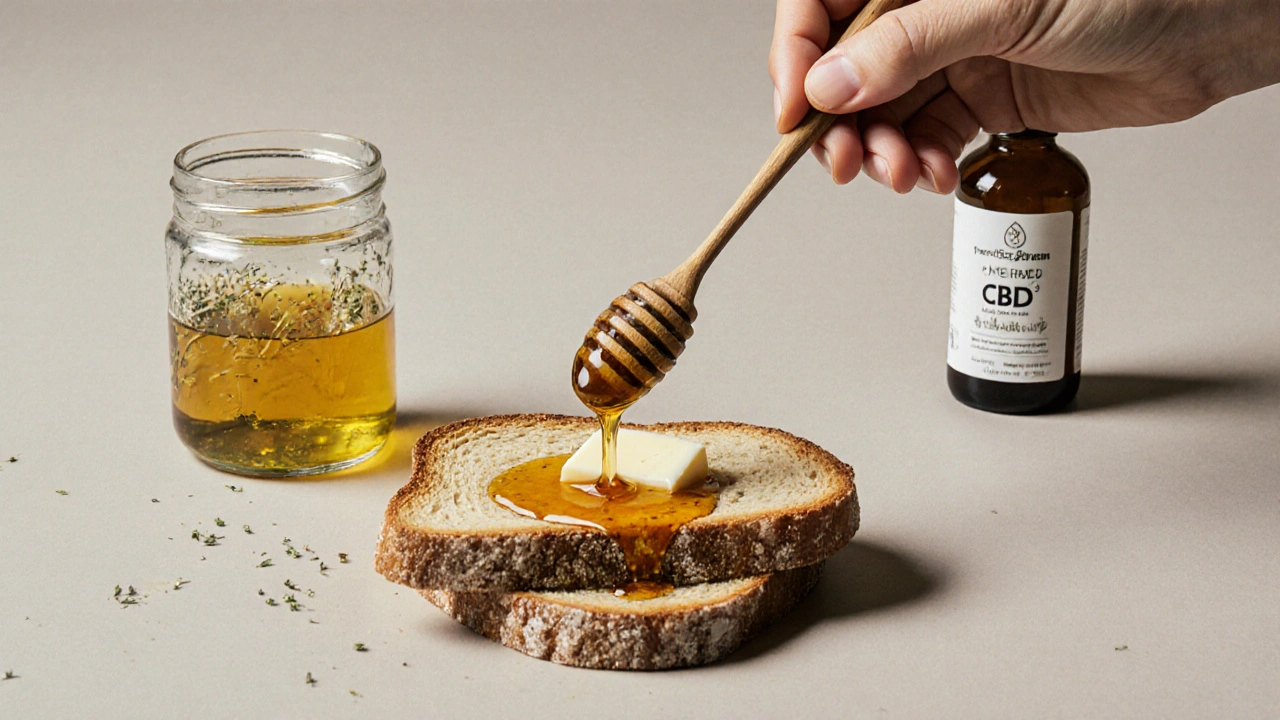 Honig mit CBD auf Brot mit geschmolzener Butter, neben einem reinen CBD-Ölfläschchen.