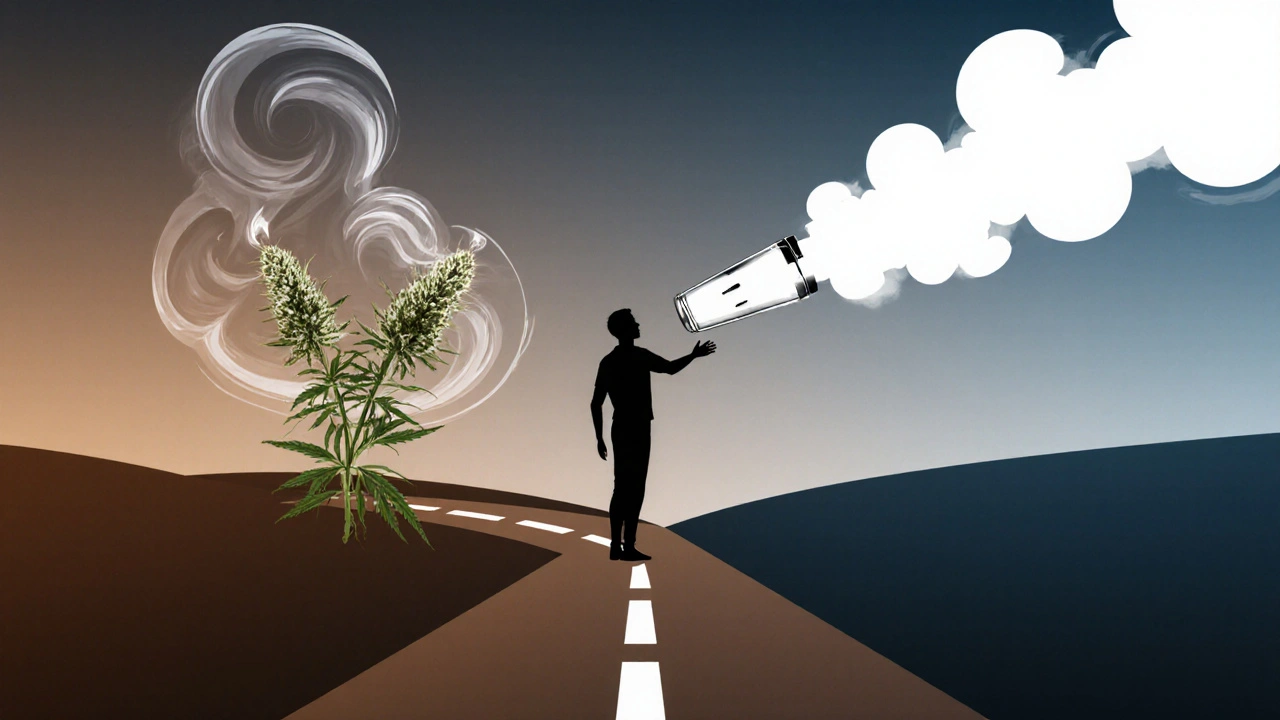 Konzeptuelles Bild: HHC-Blüte als sanfte Wolke vs. Cart als raketenartiger Strahl.