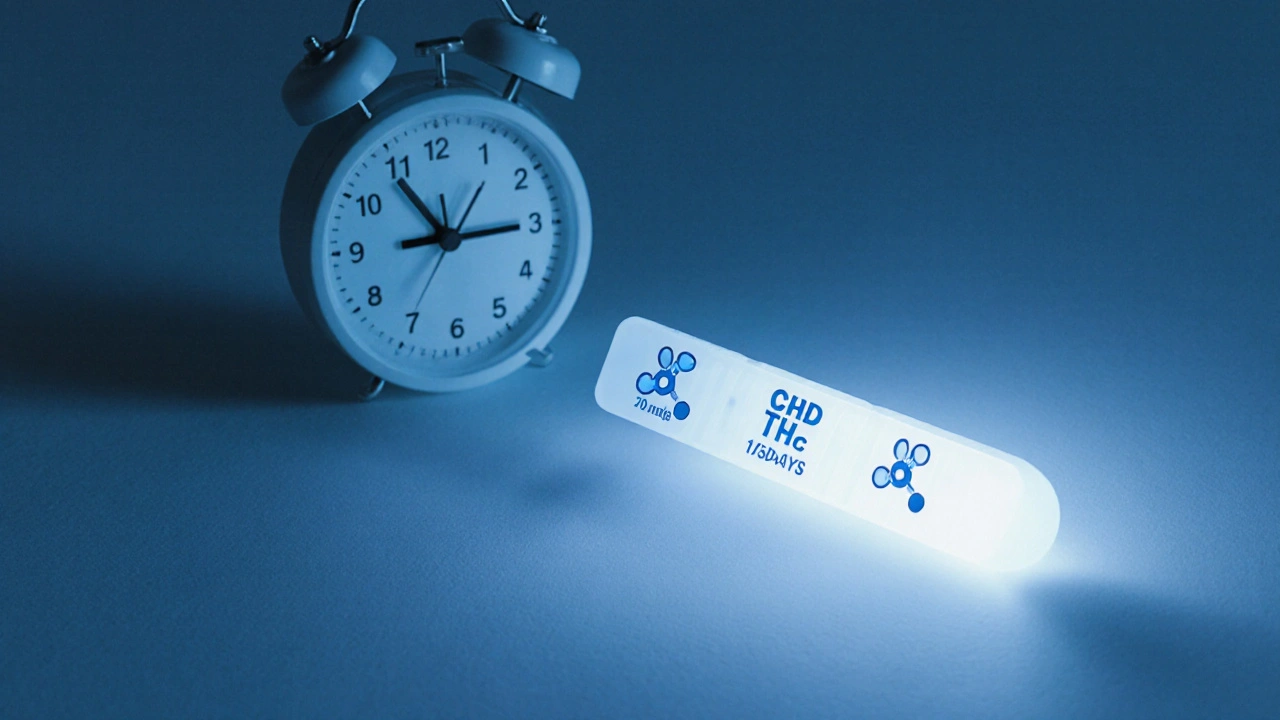 Lab test strip with faint CBD and THC molecular traces under UV light, beside a time indicator.