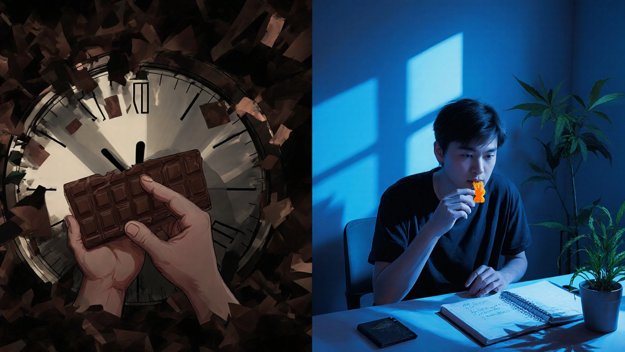 Linker Teil: Person isst große THC-Schokolade mit Unruhe; rechter Teil: Person isst sanftes Gummibärchen in ruhiger Umgebung.