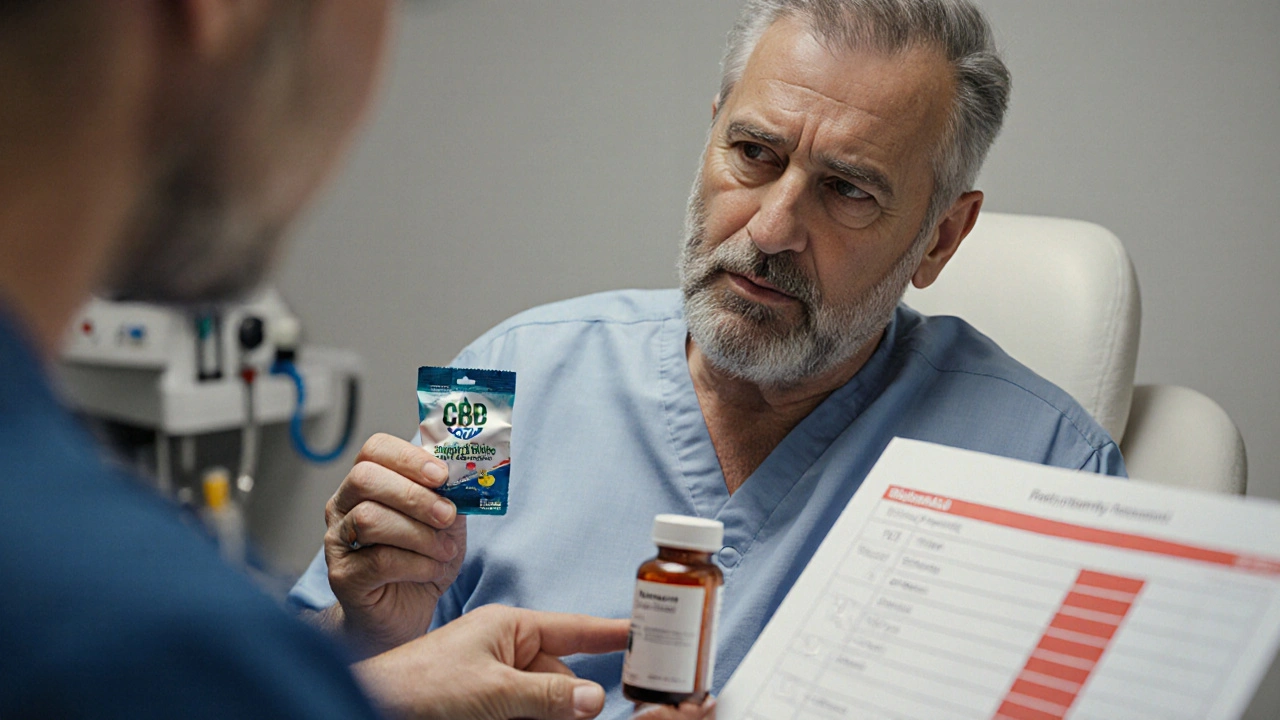 Mann in Arztpraxis hält CBD-Gummibärchen und Viagra-Flasche, Arzt zeigt auf Blutwerte mit erhöhten Werten.