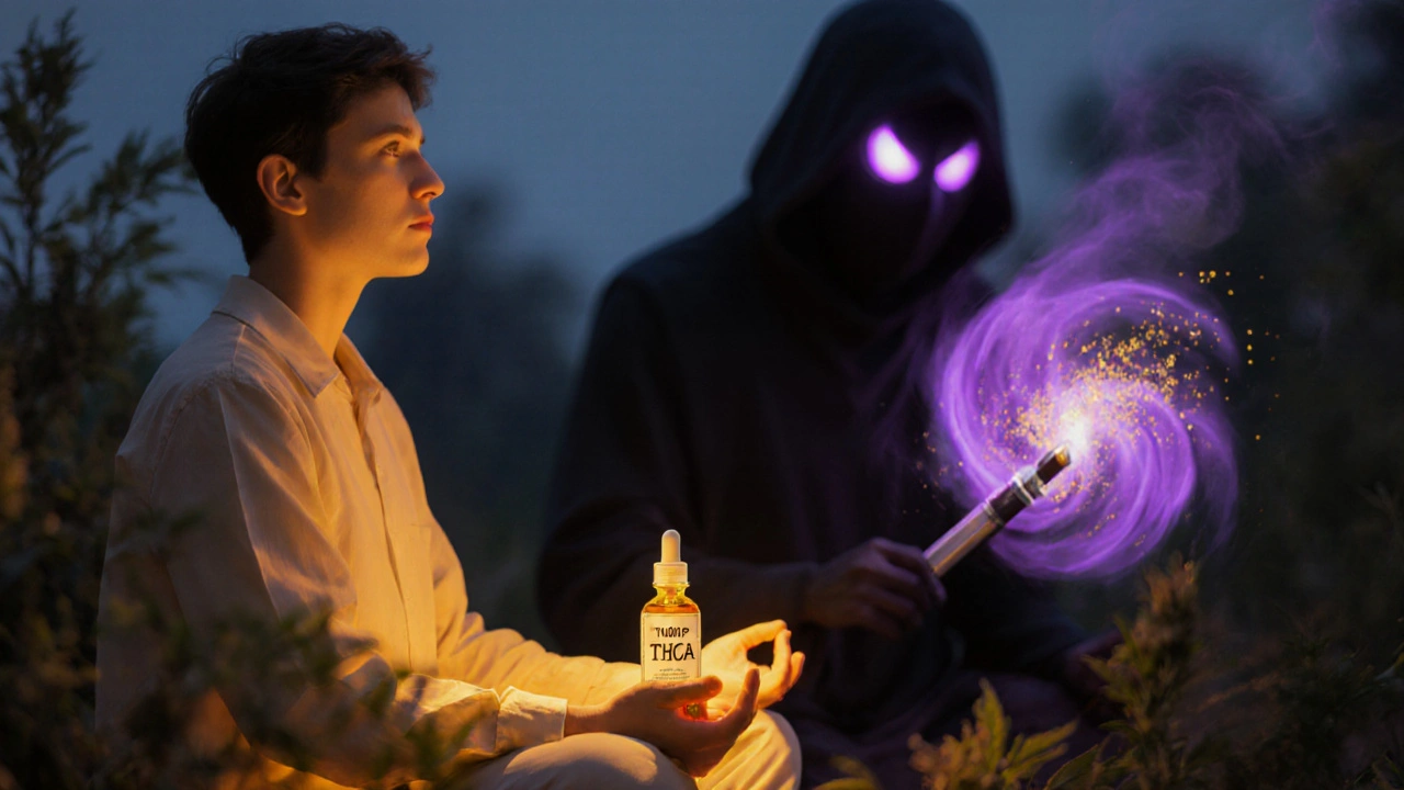 Meditierende Person in goldenem Licht neben THCA, im Hintergrund THCP mit energieladendem Wirbel.