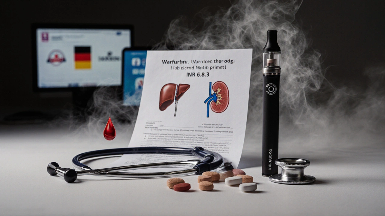 Medizinisches Symbol: Stethoskop über gebrochenem Vape, Pillen und Blutstropfen, Warnung vor Wechselwirkungen.