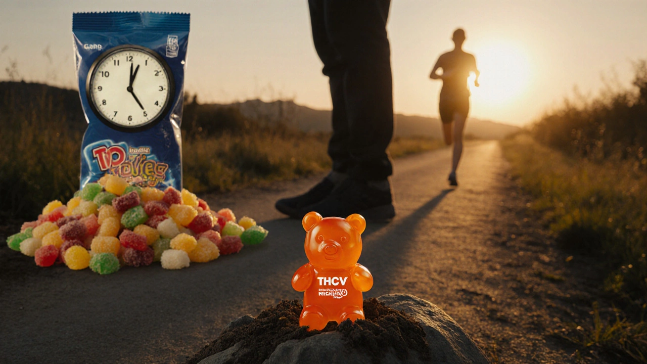 Mensch an einer Wegkreuzung: Süßigkeiten vs. morgendlicher Spaziergang, mit einem THCV-Gummibärchen im Vordergrund.