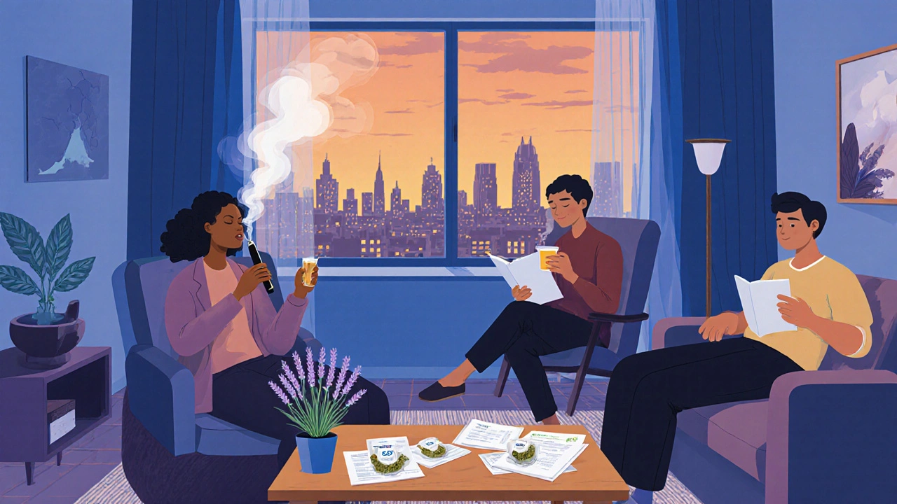 Menschen in einem Wohnzimmer in Köln, die CBD-Blüten dampfen und entspannen, weiches Abendlicht und Lavendel auf dem Tisch.