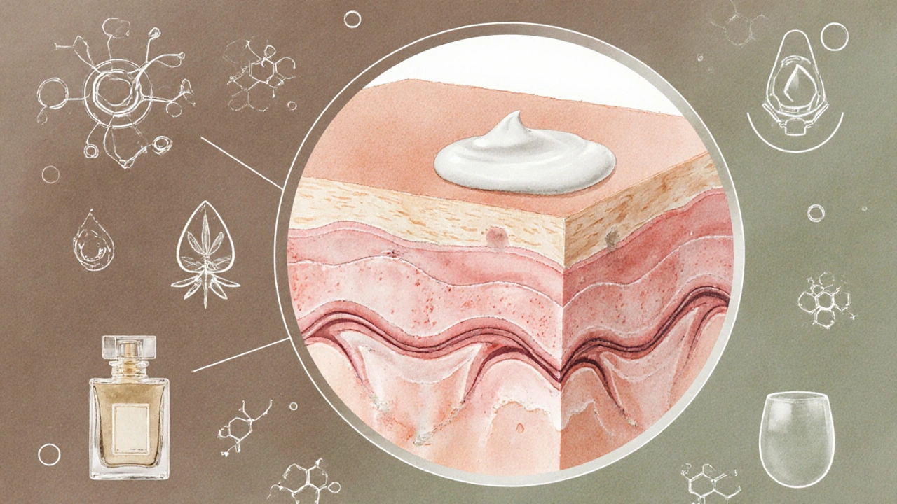 Mikroskopische Ansicht der Haut mit begrenzter CBD-Aufnahme und überschüssiger Creme auf der Oberfläche.