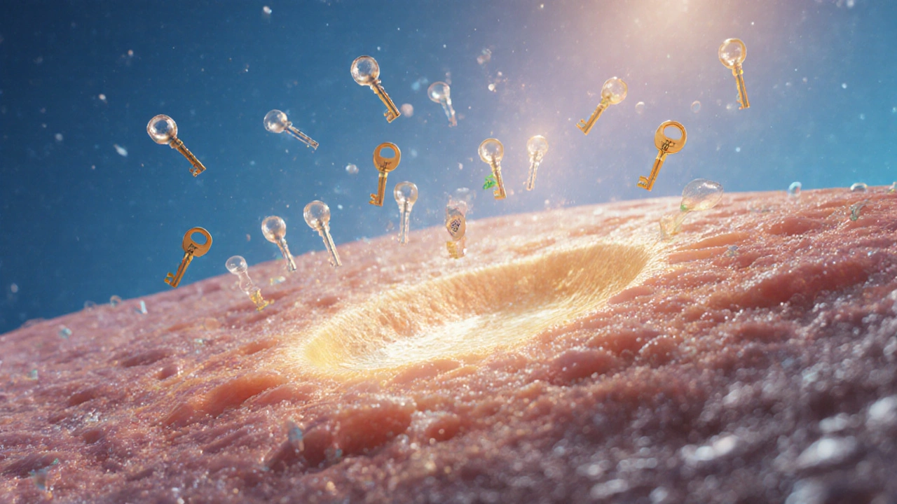 Mikroskopische Ansicht der Haut mit Cannabinoid-Rezeptoren, die THC-Moleküle binden