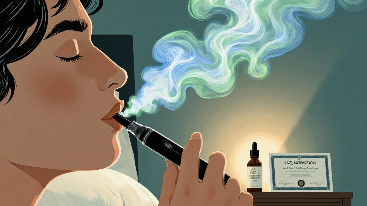 Person atmet beruhigenden CBD-Dampf aus einem Vaporizer ein, ruhige Abendatmosphäre im Zimmer.