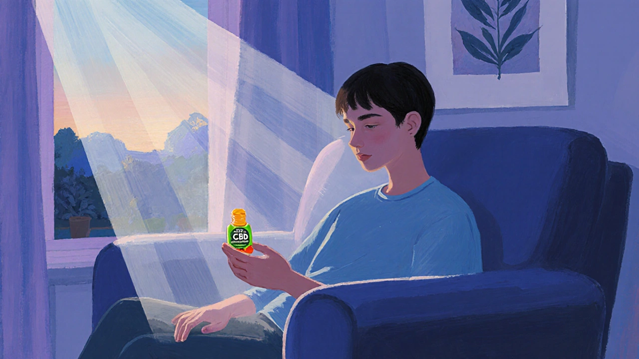 Person in ruhigem Zimmer hält CBD-Gummibärchen bei Dämmerung