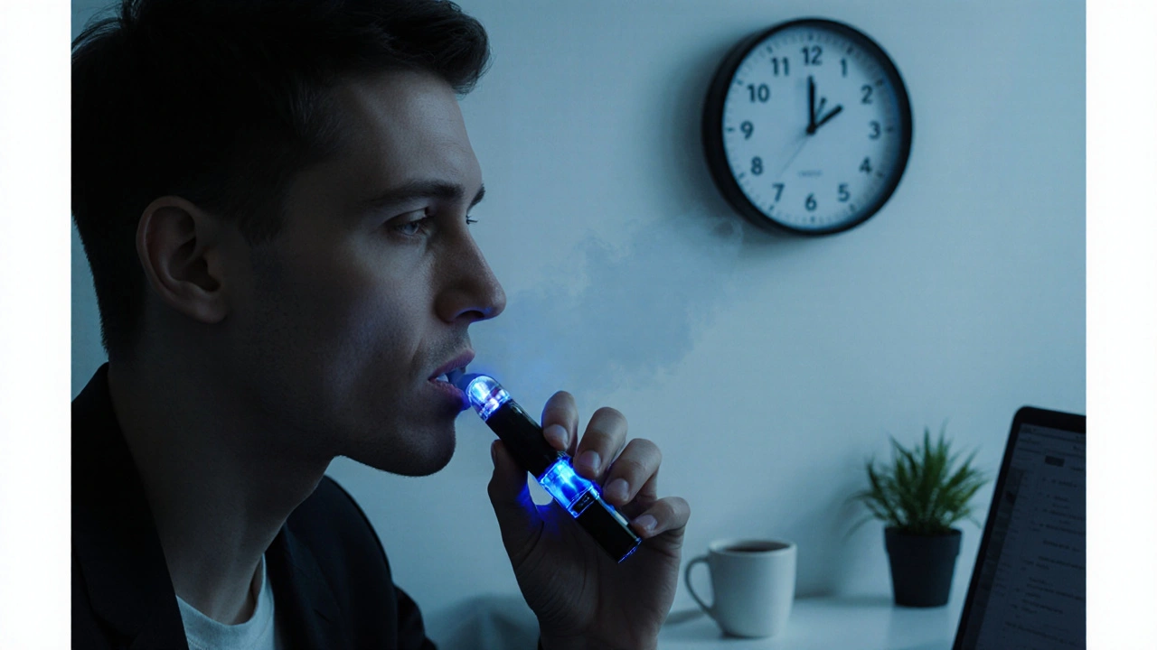 Person inhaliert HHC-Cart am Morgen, blaues Licht des Geräts leuchtet sanft.