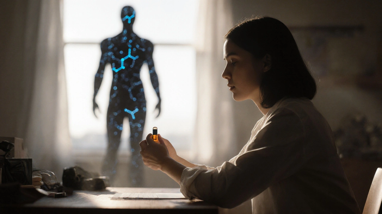 Person mit Delta-10-Kapsel in ruhigem Licht, im Hintergrund schemenhaft die intensive Energie von THCP.