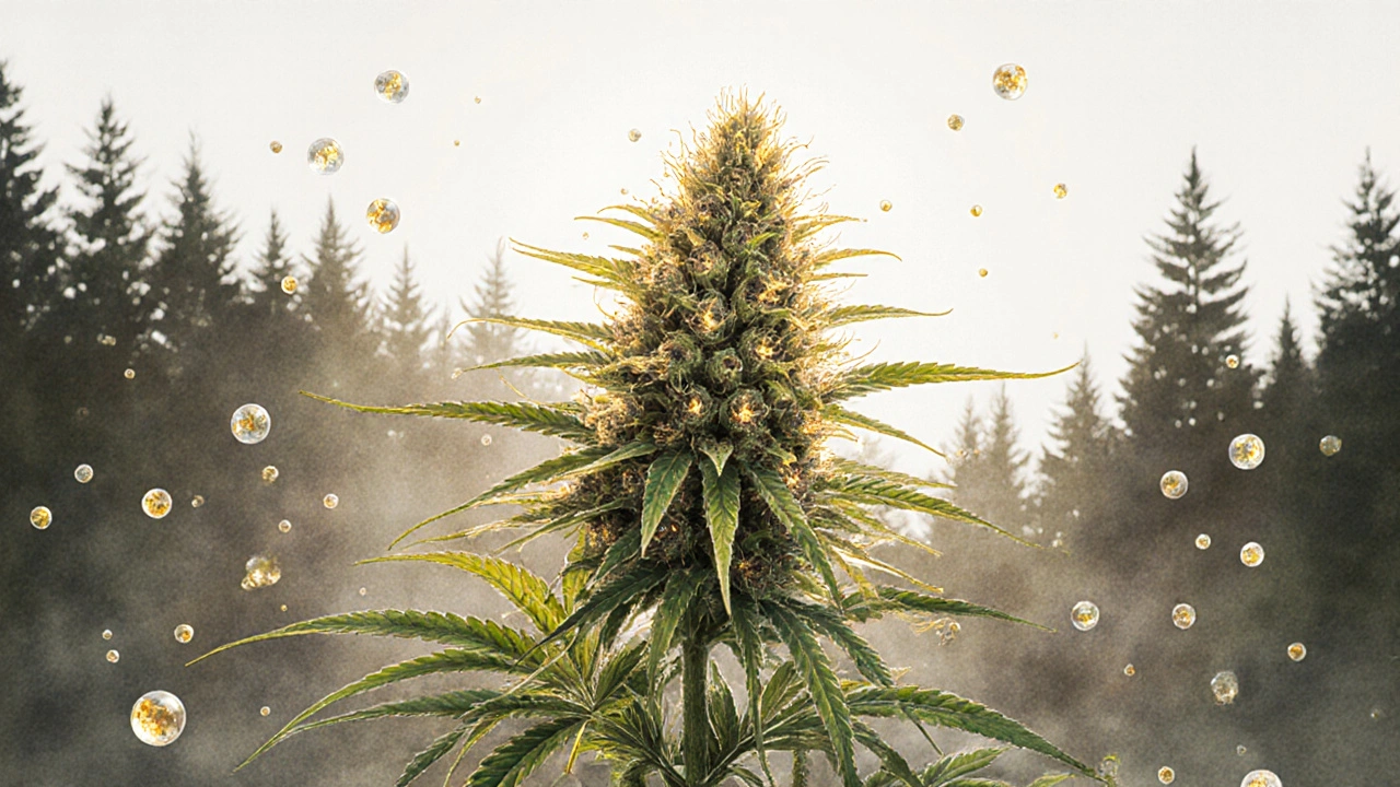 Reine H4CBD-Hanfblüten in voller Blüte, umgeben von schwebenden Terpenen, unter sanftem Morgenlicht.