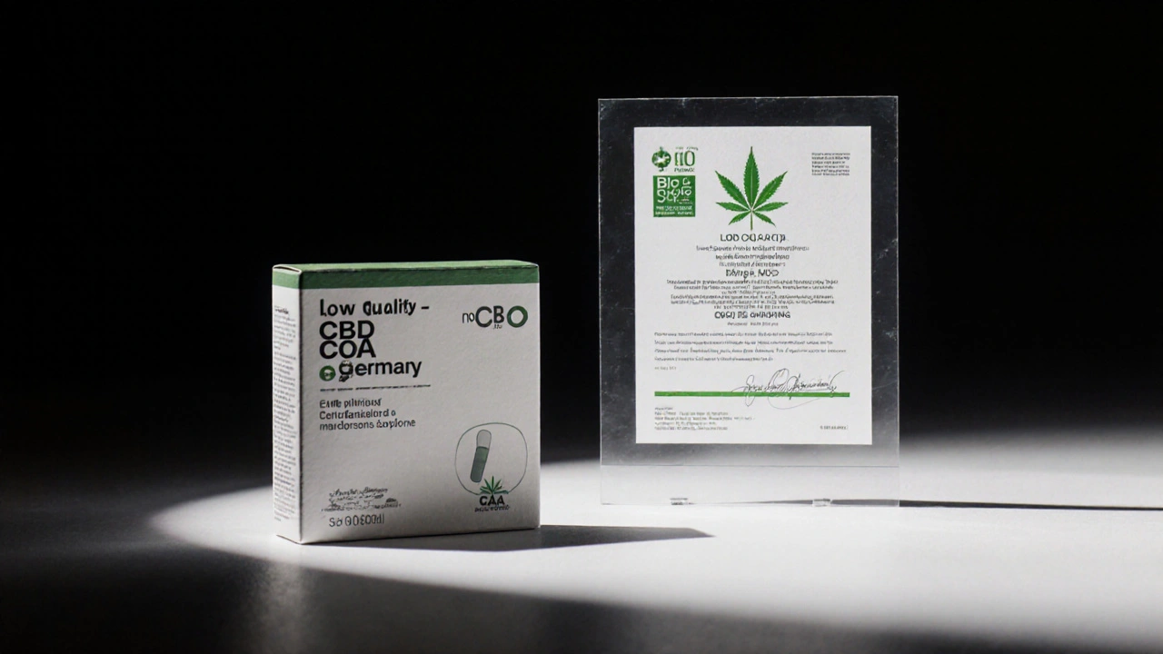 Vergleich zweier CBD-Kapseln: eine mit Nachweis, eine ohne – klarer Unterschied in Qualität und Transparenz.