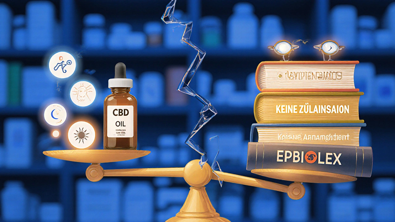 Waage mit CBD-Öl auf einer Seite und medizinischen Leitlinien auf der anderen, symbolisch dargestellt.