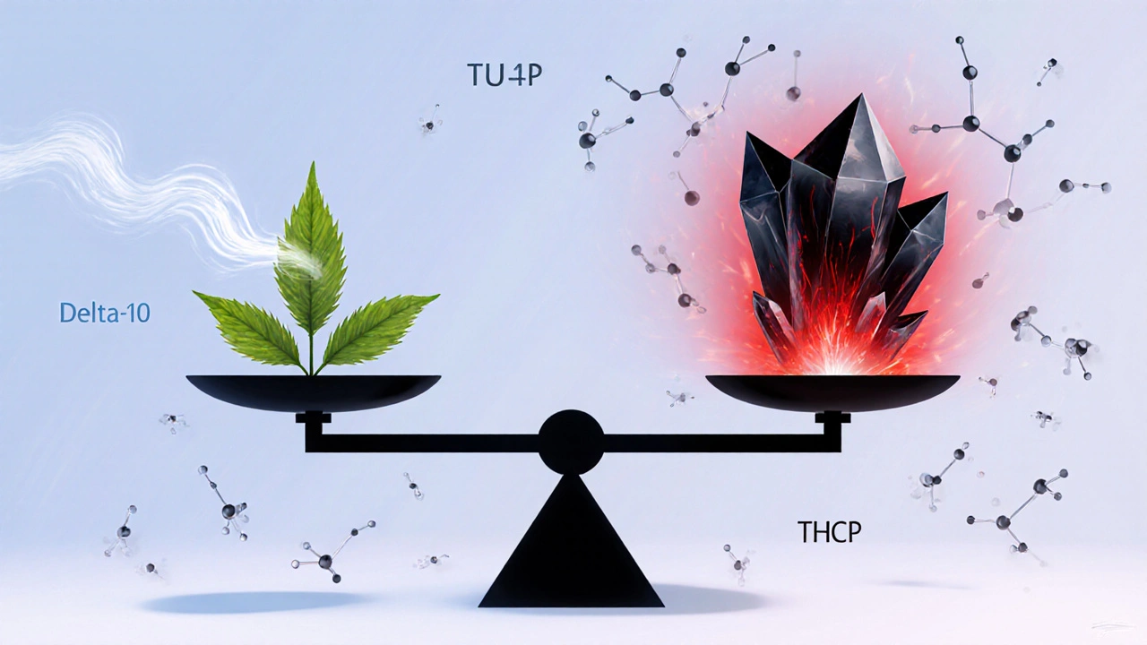 Waage mit sanftem Blatt und energiereichem Kristall, symbolisch für Delta-10 und THCP.