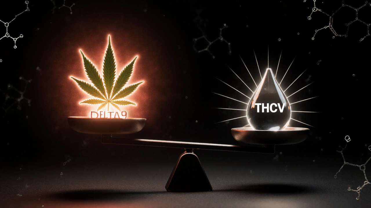 Waage vergleicht Delta 9 und THCV als leuchtende Symbole in einer konzeptuellen, mystischen Szene.