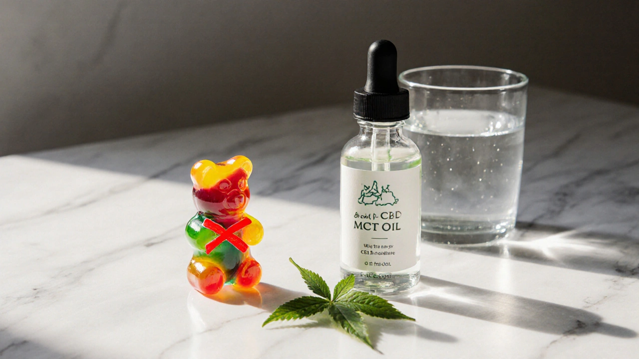 Zwei CBD-Produkte verglichen: Gummis mit Kreuz vs. reines CBD-Öl in einer Flasche.