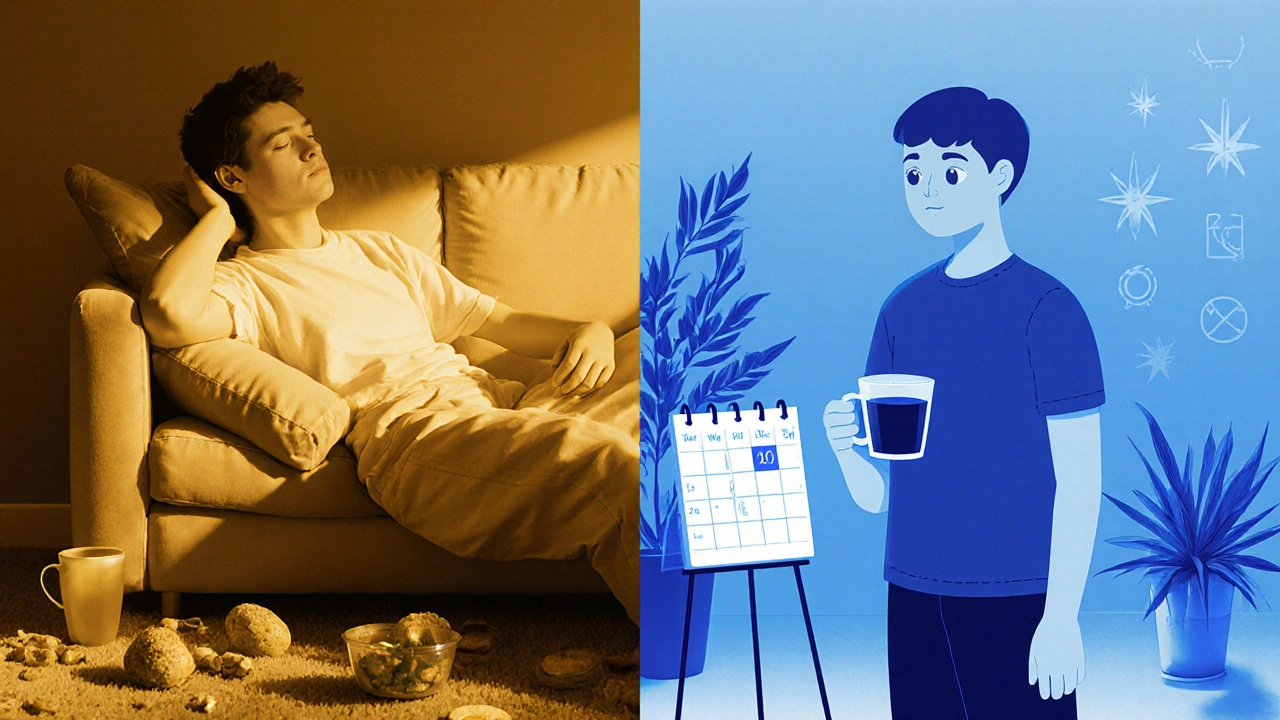 Zwei Figuren symbolisieren Delta 9 (entspannt) und THCV (wachsam) in kontrastierenden Lichtstimmungen.