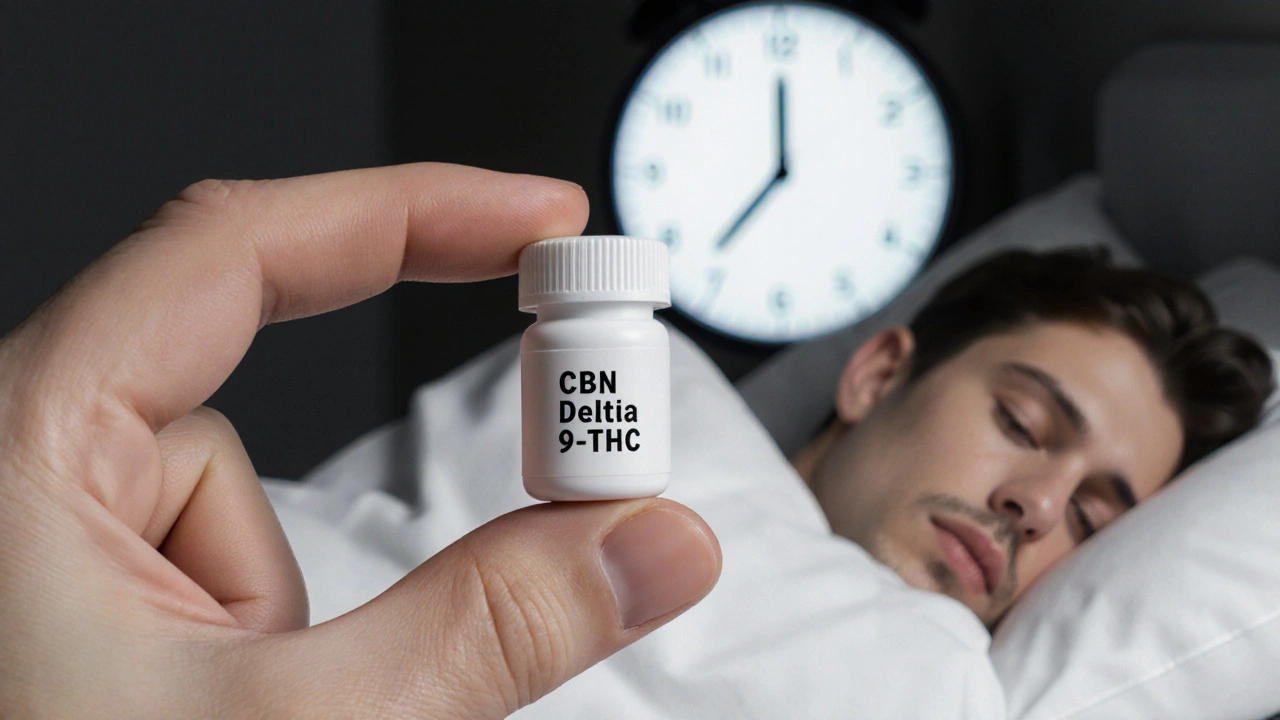 Zwei Kapseln, CBN und Delta-9-THC, neben einer Uhr – Symbol für Schlaf versus Wachheit.