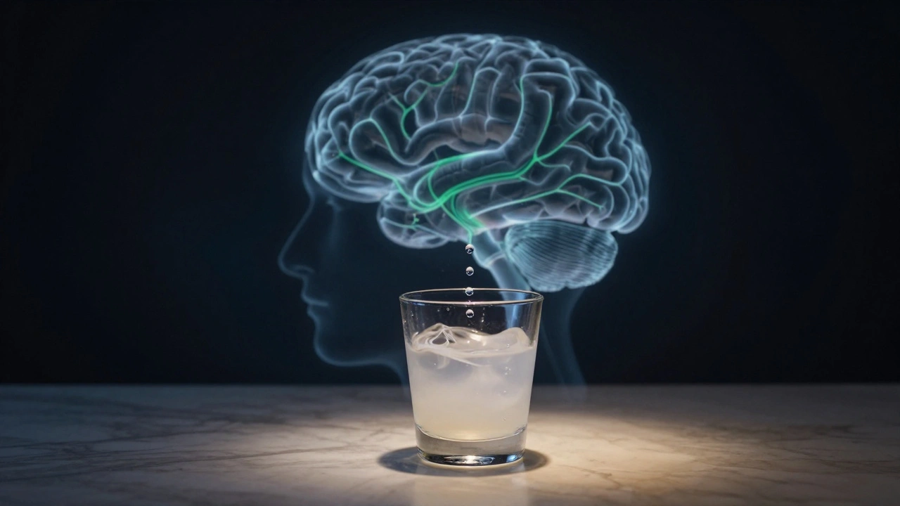 Absinthglas mit wassertropfen, die einen milchigen Nebel erzeugen, hinter einem schematischen Gehirn.