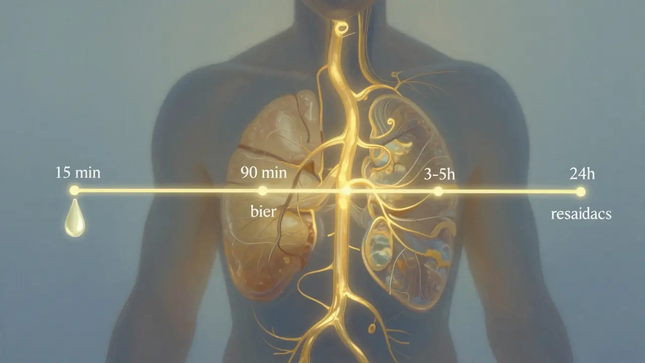 Abstrakte Darstellung des CBD-Wirkverlaufs im Körper mit zeitlichem Verlauf und Blutfluss.