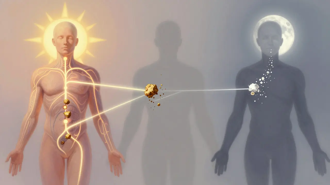 Abstrakte Darstellung des Endocannabinoid-Systems mit CBD-Wirkung in den Tageszeiten Morgen, Mittag und Abend.