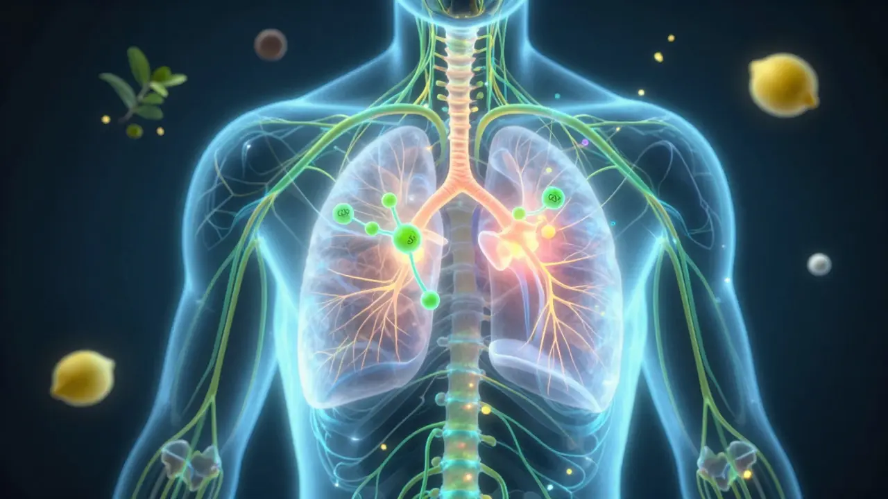 Abstrakte Darstellung von CBD-Molekülen, die das Nervensystem bei Schmerzen beruhigen.