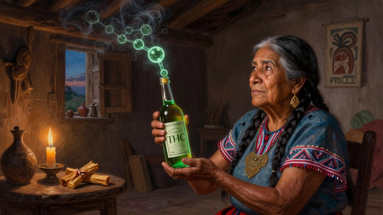 Ältere Frau mit Cannabis-Wein-Flasche, THC-Moleküle schweben als Lichtpartikel.