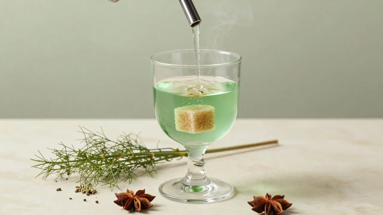 Das Absinth-Ritual: Wasser tropft in ein milchig-grünes Getränk, umgeben von Kräutern.