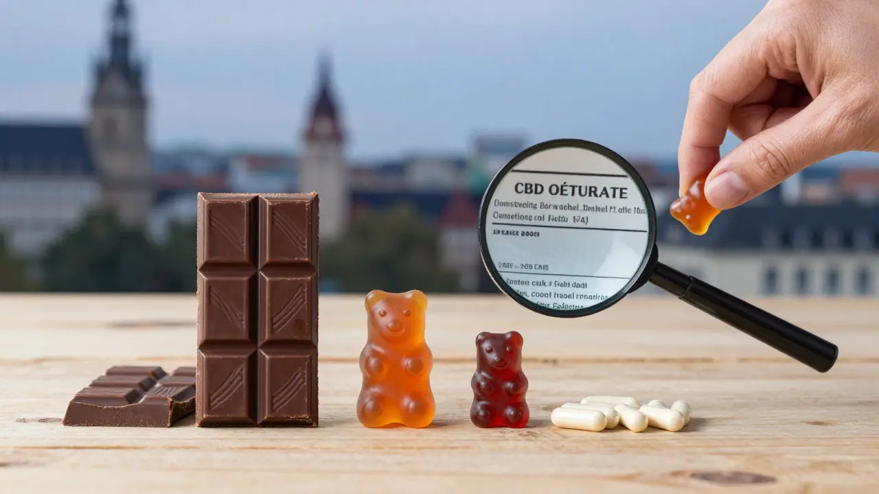 Drei CBD-Edibles auf Holztisch mit Lupe, die ein Laborzertifikat unter der Schokolade zeigt.