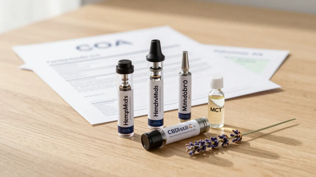 Drei CBD-Kartuschen mit COA und Lavendel auf Holzoberfläche, klar und natürlich dargestellt.