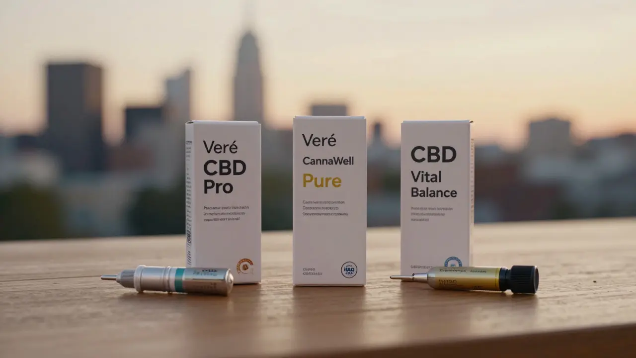Drei Premium-CBD-Kartuschen mit Kennzeichnungen und Zertifikaten auf Holzoberfläche.