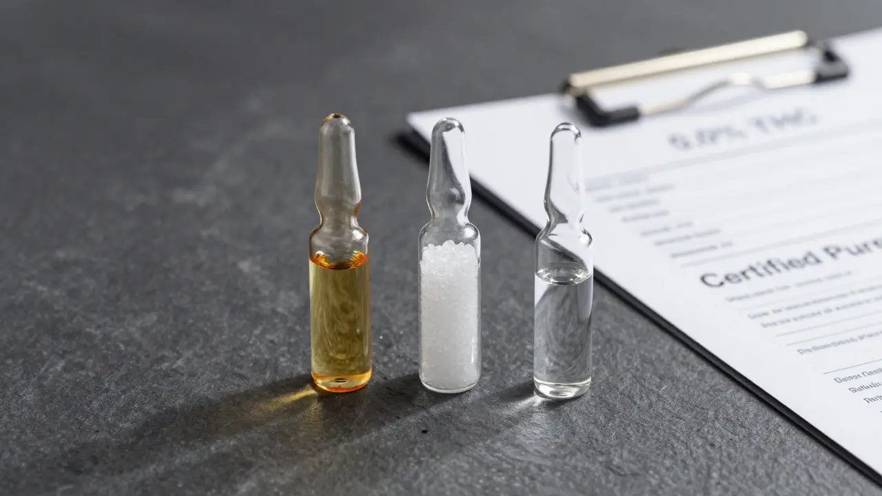 Drei Vials mit CBD-Öl, CBD-Kristallen und leer, neben Laborzertifikat.