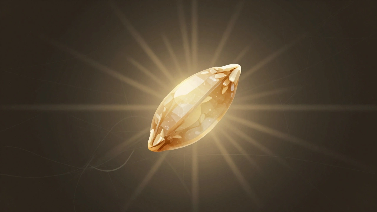 Ein Reiskorn schwebt über einer leuchtenden Dab-Nase, goldenes Licht strahlt als Symbol für Beruhigung.