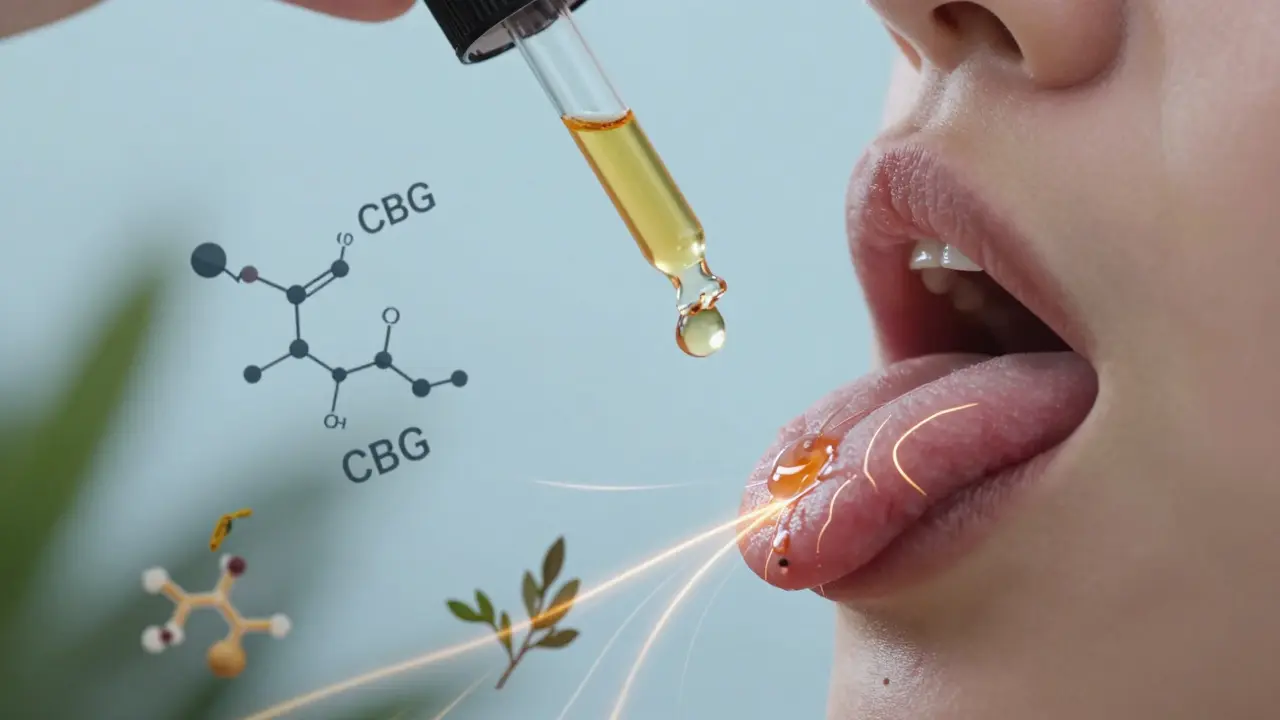 Ein Tropfen CBD-Öl wird unter die Zunge geträufelt, mit schematischen Wellen, die die Aufnahme in den Körper darstellen.