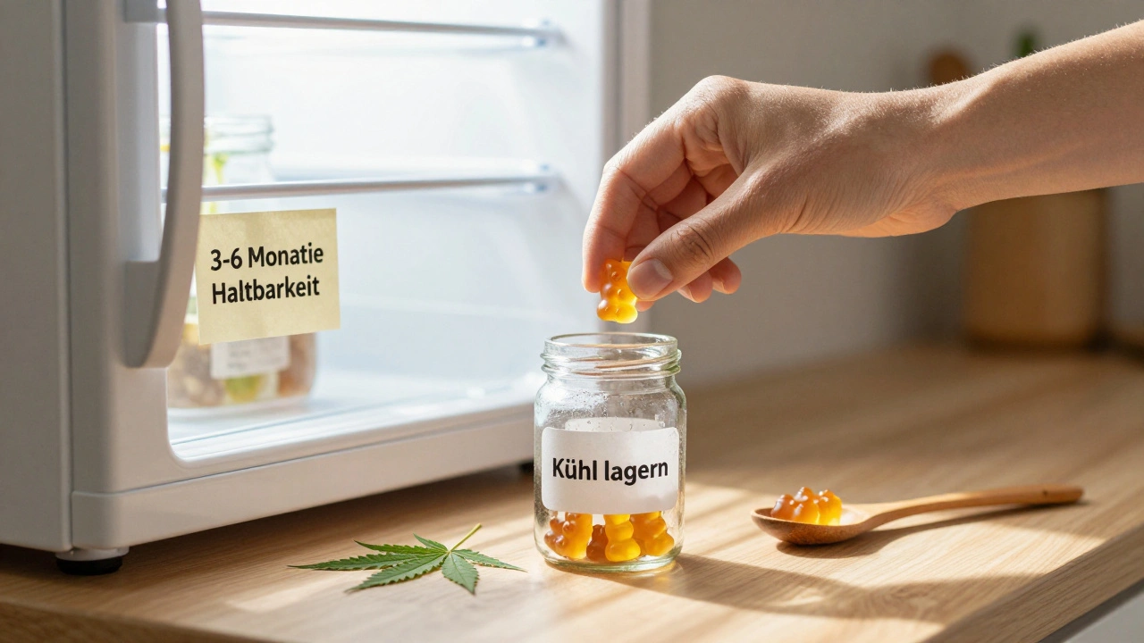 Eine CBD-Gummibärchen in einem Glas im Kühlschrank, mit Notiz &#039;3-6 Monate haltbar&#039; und Hanfblatt daneben.