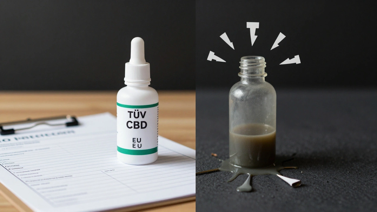 Gegenüberstellung eines zertifizierten und eines verunreinigten CBD-Öls.