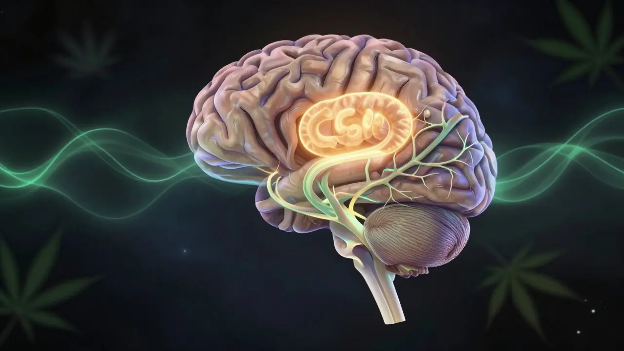 Gehirn mit aktivierter Amygdala, die von beruhigenden Farben umgeben ist, symbolisiert CBDs Wirkung gegen Angst.